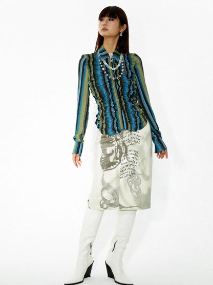 Elastic Hem Asymmetrical Pleat Blue Green Contrast Stripe Shirt