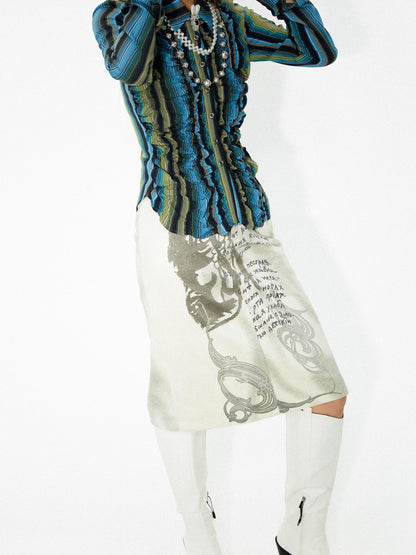 YOSHUYUKI Elastic Hem Asymmetrical Pleat Blue Green Contrast Stripe Shirt