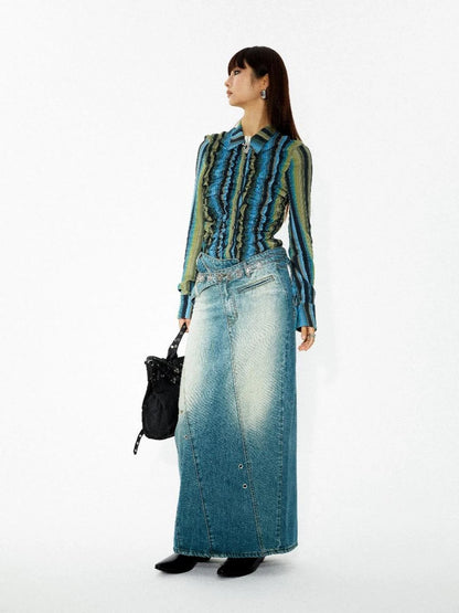 Elastic Hem Asymmetrical Pleat Blue Green Contrast Stripe Shirt