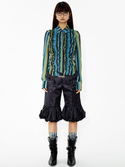 YOSHUYUKI Elastic Hem Asymmetrical Pleat Blue Green Contrast Stripe Shirt