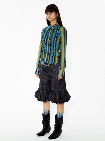 YOSHUYUKI Elastic Hem Asymmetrical Pleat Blue Green Contrast Stripe Shirt