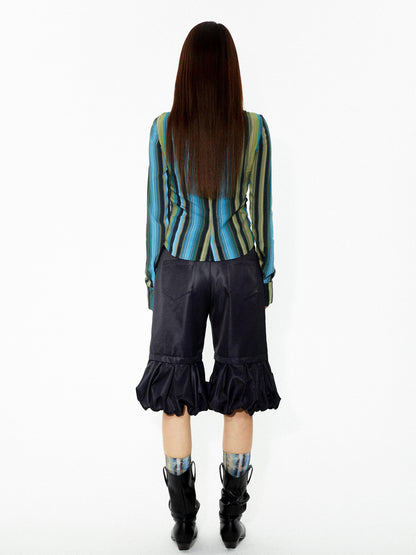 YOSHUYUKI Elastic Hem Asymmetrical Pleat Blue Green Contrast Stripe Shirt