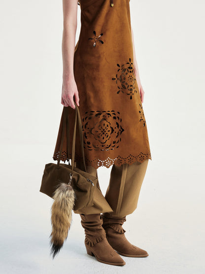 YOSHUYUKI Elegant Vintage Sleeveless Slim V-ceck Cutout A Line Chestnut Midi Dresses