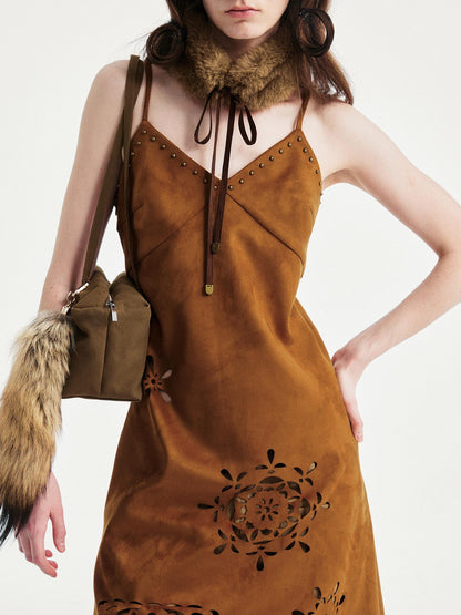YOSHUYUKI Elegant Vintage Sleeveless Slim V-ceck Cutout A Line Chestnut Midi Dresses
