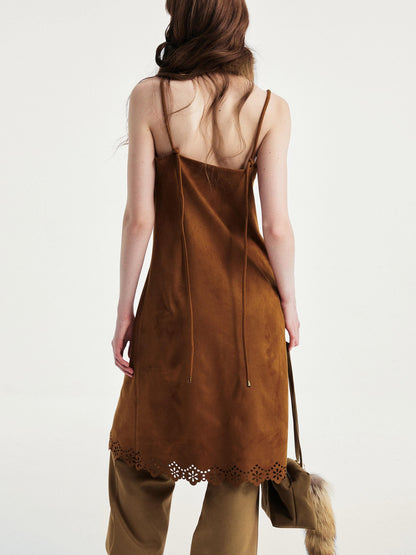 YOSHUYUKI Elegant Vintage Sleeveless Slim V-ceck Cutout A Line Chestnut Midi Dresses