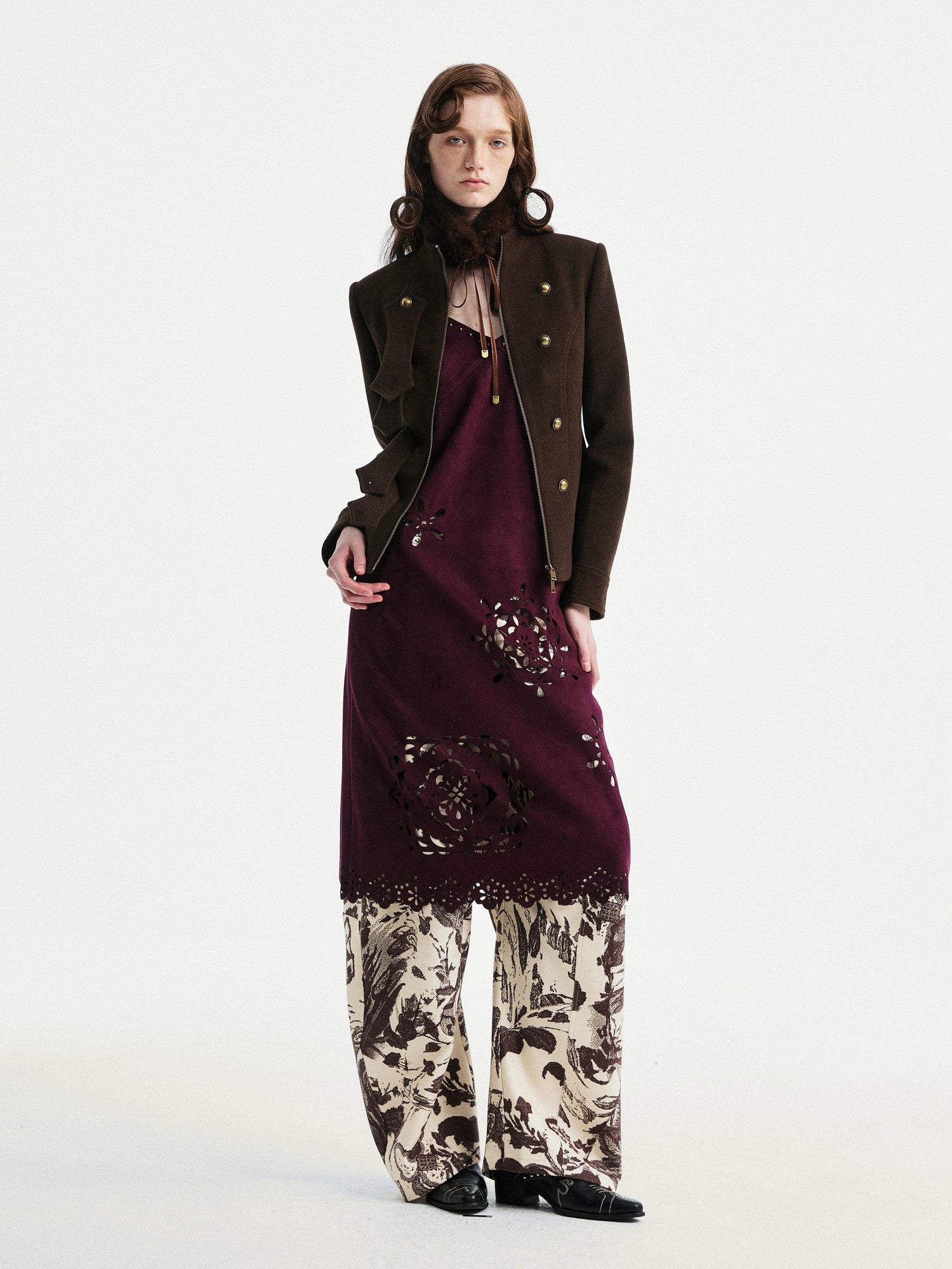 YOSHUYUKI Elegant Vintage Sleeveless Slim V-ceck Cutout A Line Chestnut Midi Dresses