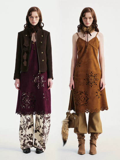 YOSHUYUKI Elegant Vintage Sleeveless Slim V-ceck Cutout A Line Chestnut Midi Dresses-1