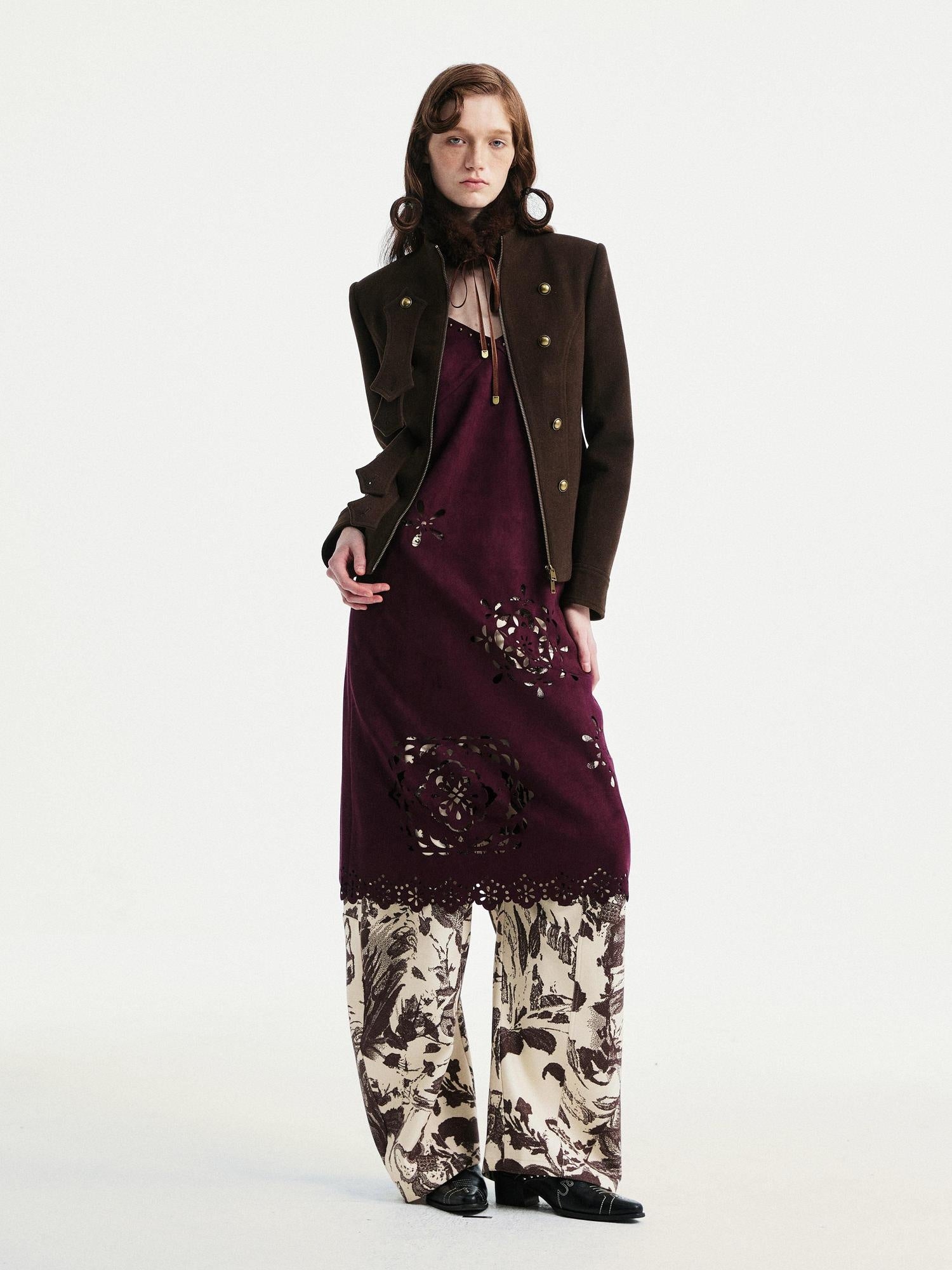 YOSHUYUKI Elegant Vintage Sleeveless Slim V-ceck Cutout A Line Chestnut Midi Dresses