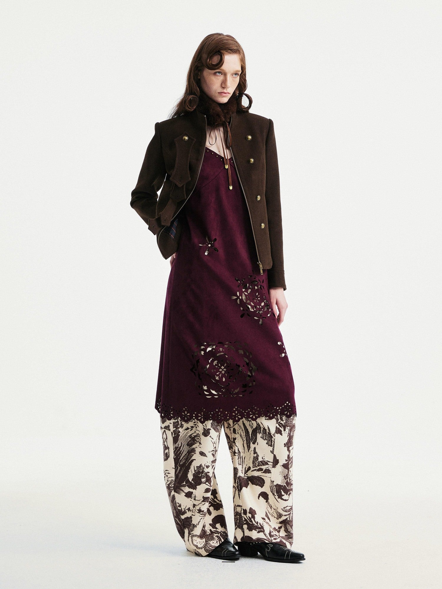 YOSHUYUKI Elegant Vintage Sleeveless Slim V-ceck Cutout A Line Chestnut Midi Dresses