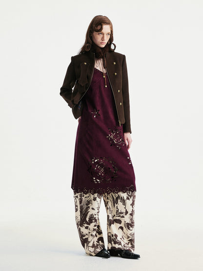 YOSHUYUKI Elegant Vintage Sleeveless Slim V-ceck Cutout A Line Chestnut Midi Dresses