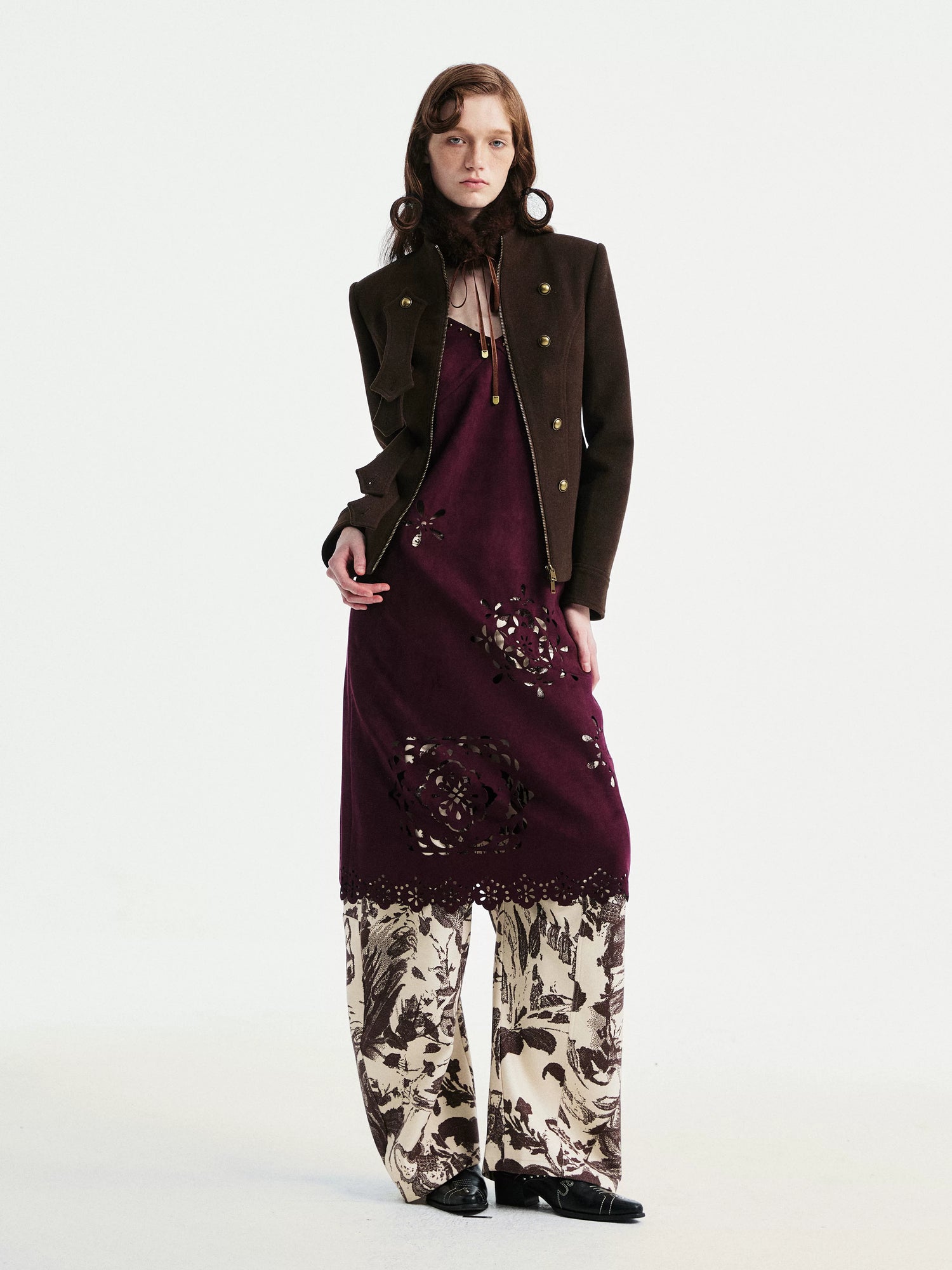 YOSHUYUKI Elegant Vintage Sleeveless Slim V-ceck Cutout A Line Chestnut Midi Dresses-2