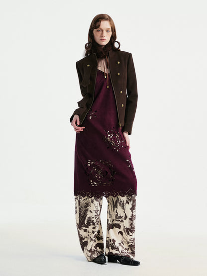 YOSHUYUKI Elegant Vintage Sleeveless Slim V-ceck Cutout A Line Chestnut Midi Dresses-2