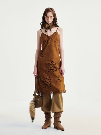YOSHUYUKI Elegant Vintage Sleeveless Slim V-ceck Cutout A Line Chestnut Midi Dresses-3