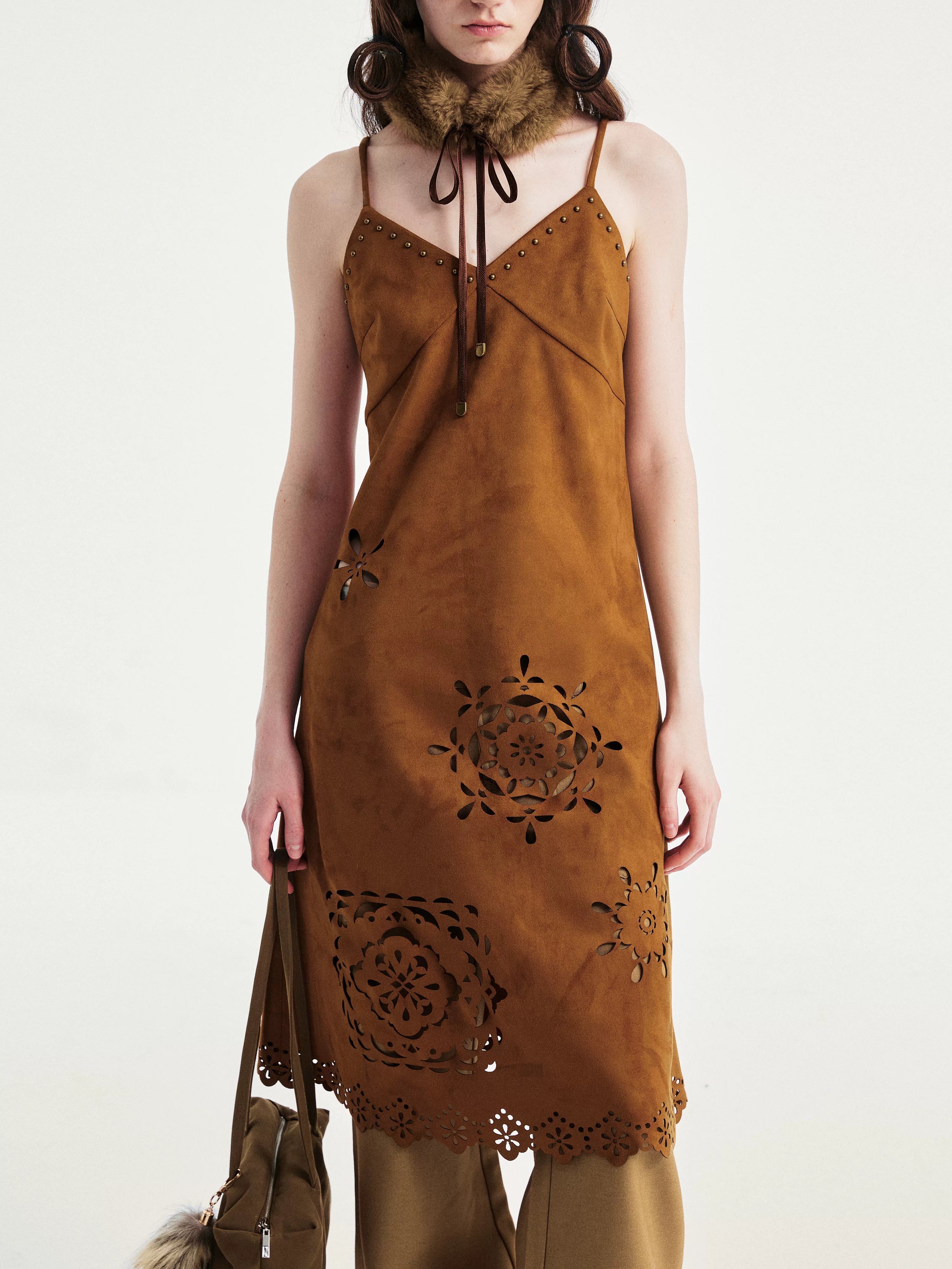 YOSHUYUKI Elegant Vintage Sleeveless Slim V-ceck Cutout A Line Chestnut Midi Dresses-4
