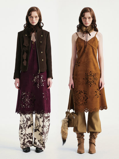 YOSHUYUKI Elegant Vintage Sleeveless Slim V-ceck Cutout A Line Chestnut Midi Dresses