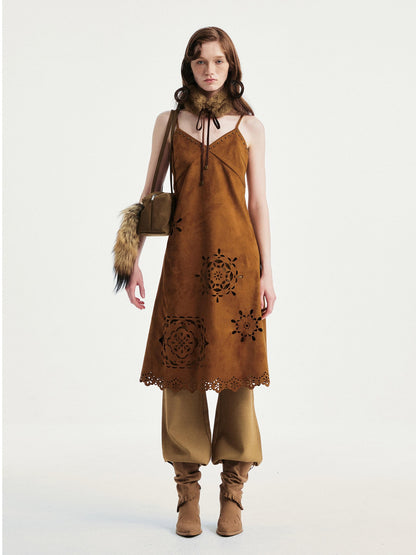 YOSHUYUKI Elegant Vintage Sleeveless Slim V-ceck Cutout A Line Chestnut Midi Dresses