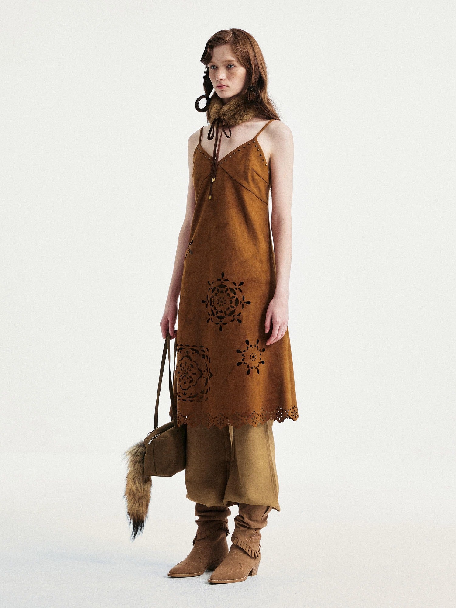 YOSHUYUKI Elegant Vintage Sleeveless Slim V-ceck Cutout A Line Chestnut Midi Dresses