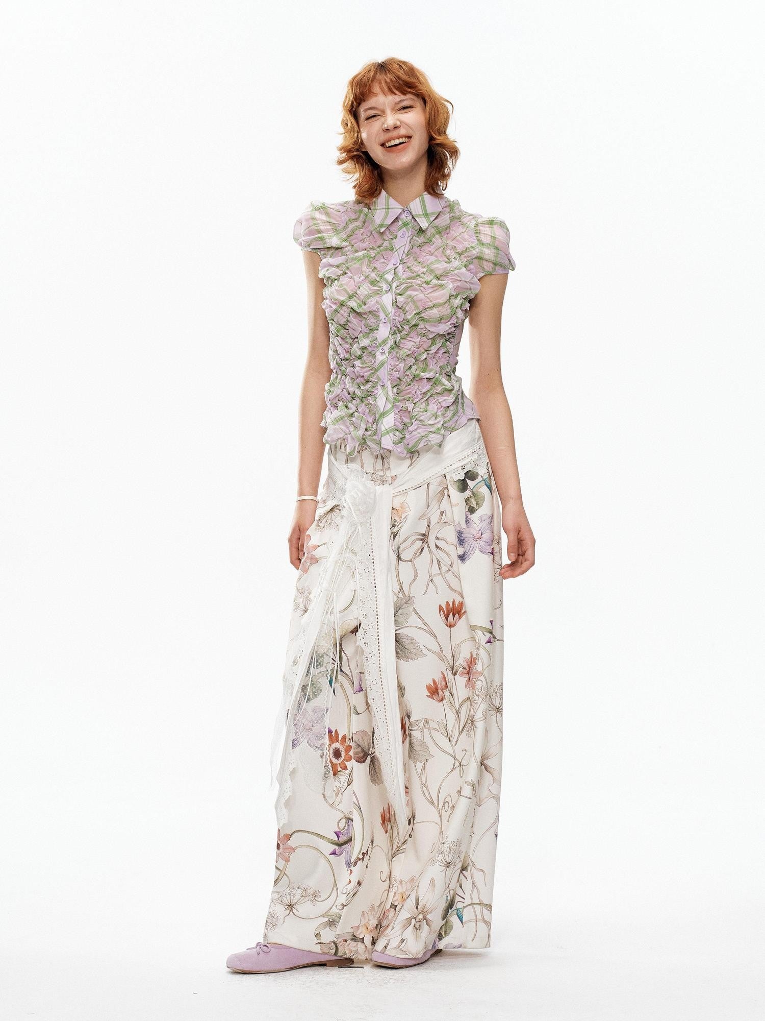 YOSHUYUKI Floral Print Lace Trim Tie Detail Women&