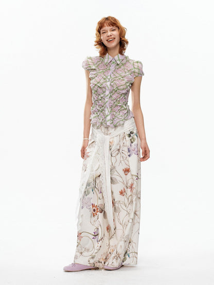 YOSHUYUKI Floral Print Lace Trim Tie Detail Women&