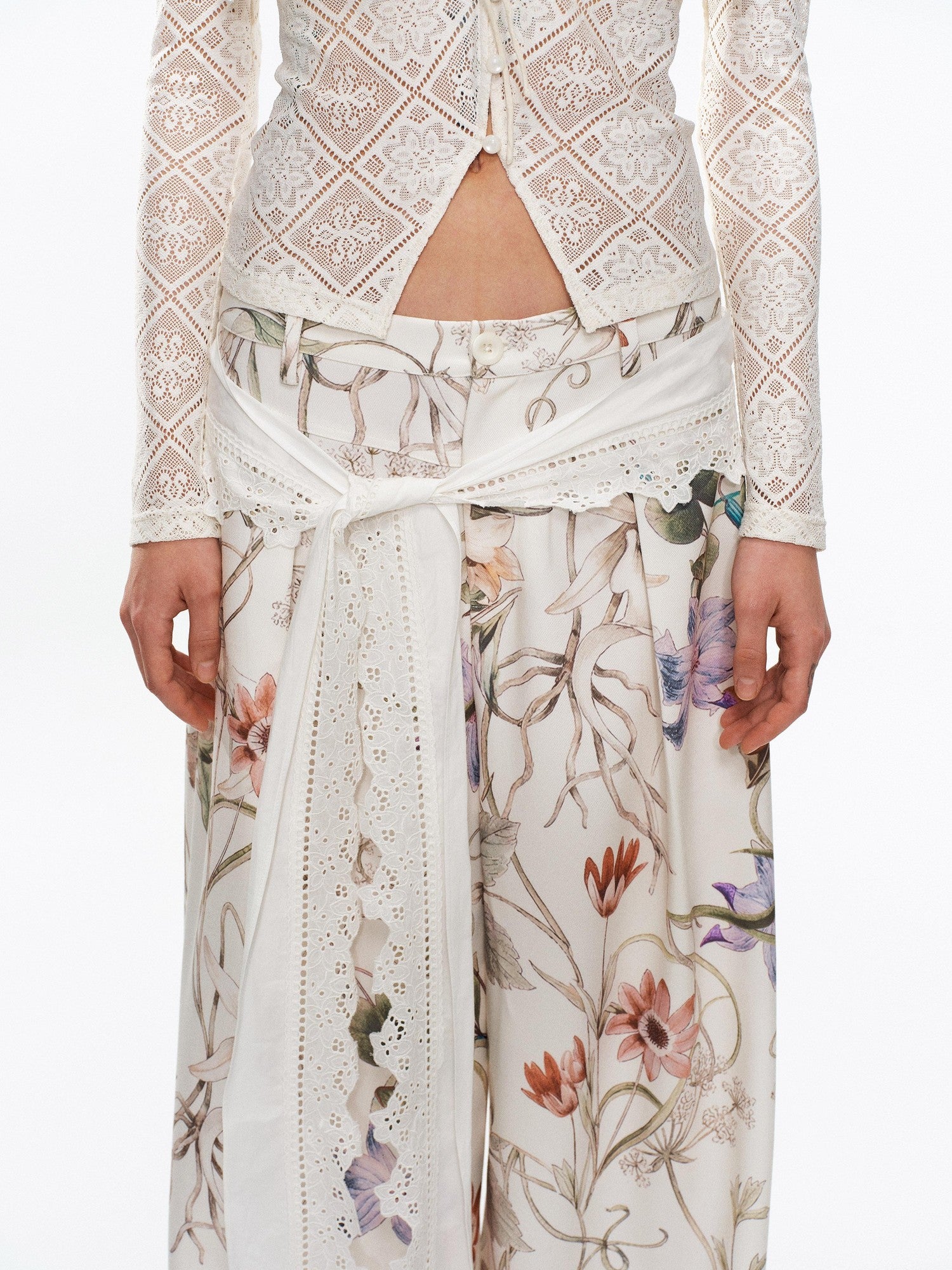 YOSHUYUKI Floral Print Lace Trim Tie Detail Women&