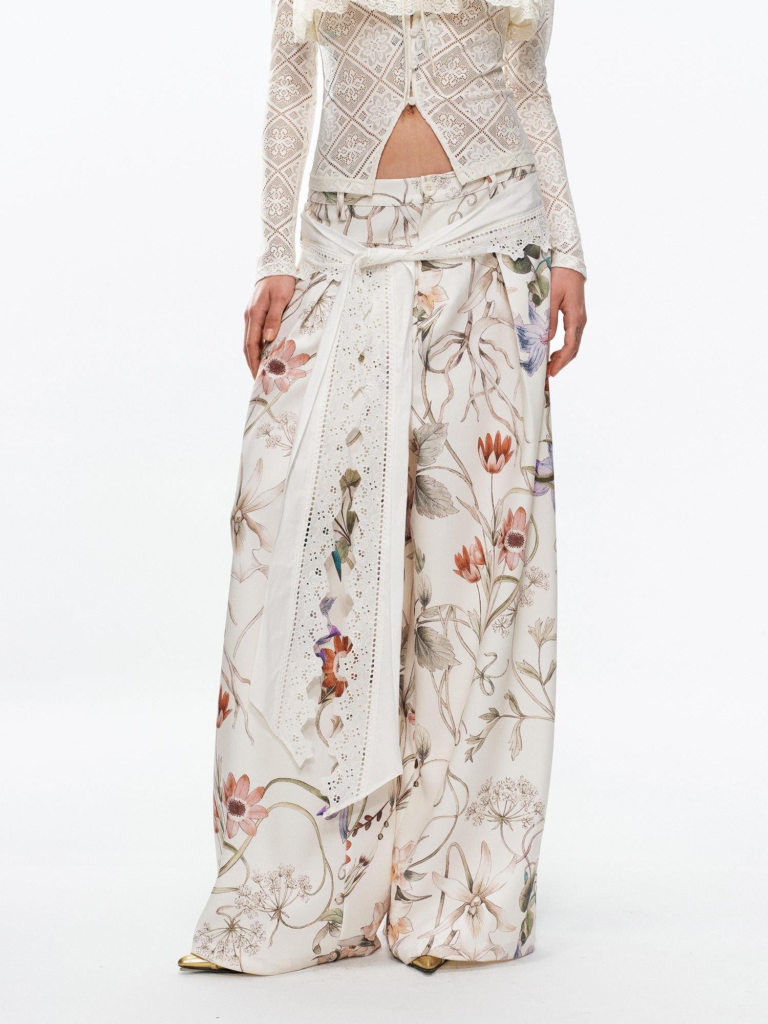 YOSHUYUKI Floral Print Lace Trim Tie Detail Women&