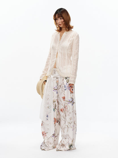 YOSHUYUKI Floral Print Lace Trim Tie Detail Women&