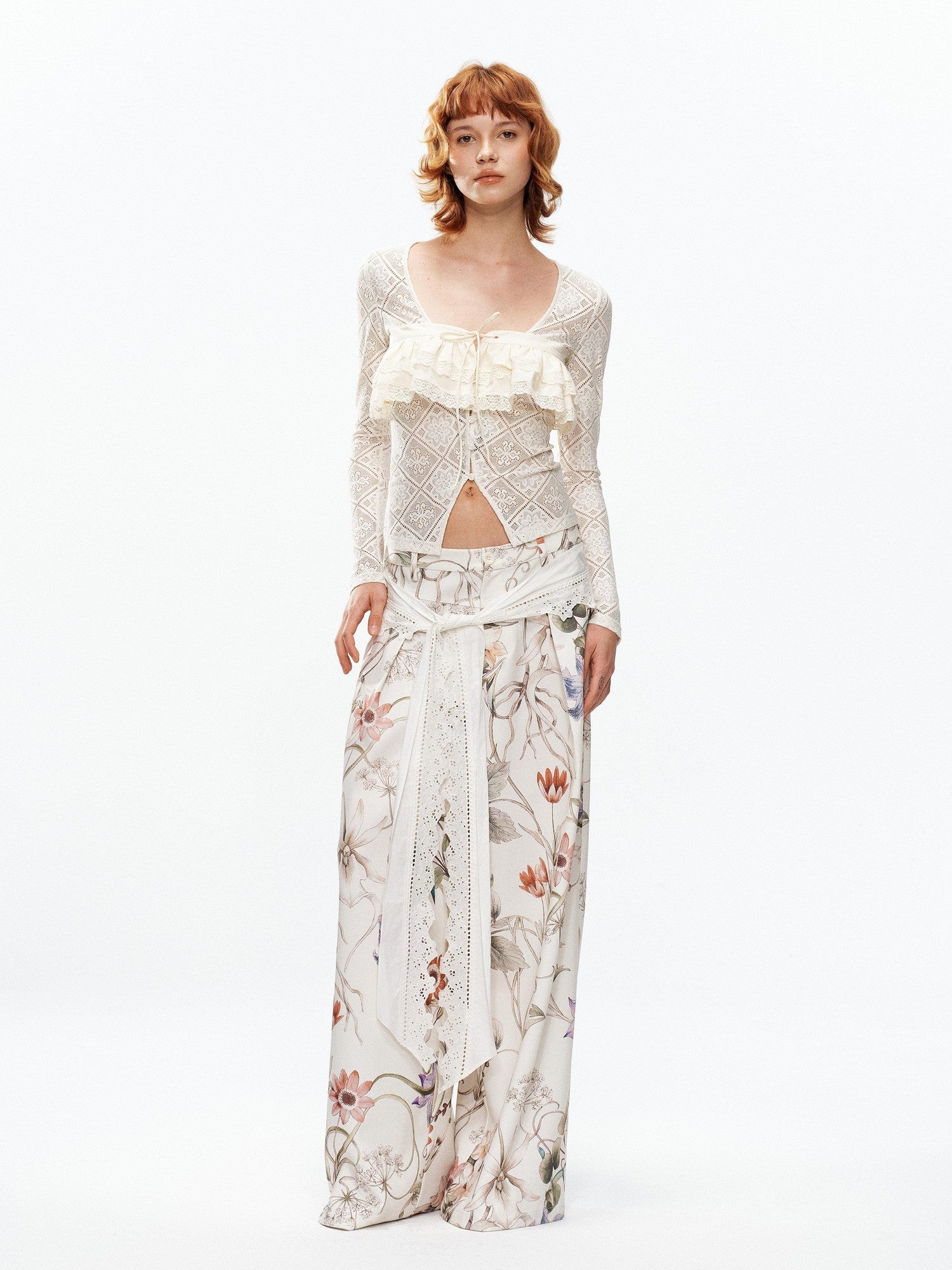 YOSHUYUKI Floral Print Lace Trim Tie Detail Women&