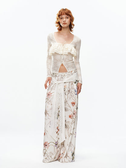YOSHUYUKI Floral Print Lace Trim Tie Detail Women&