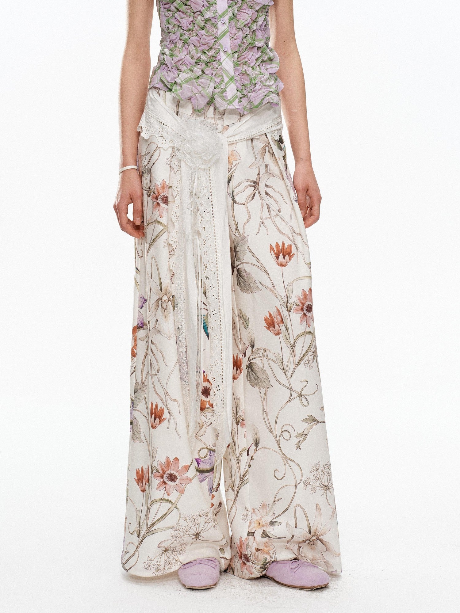 YOSHUYUKI Floral Print Lace Trim Tie Detail Women&