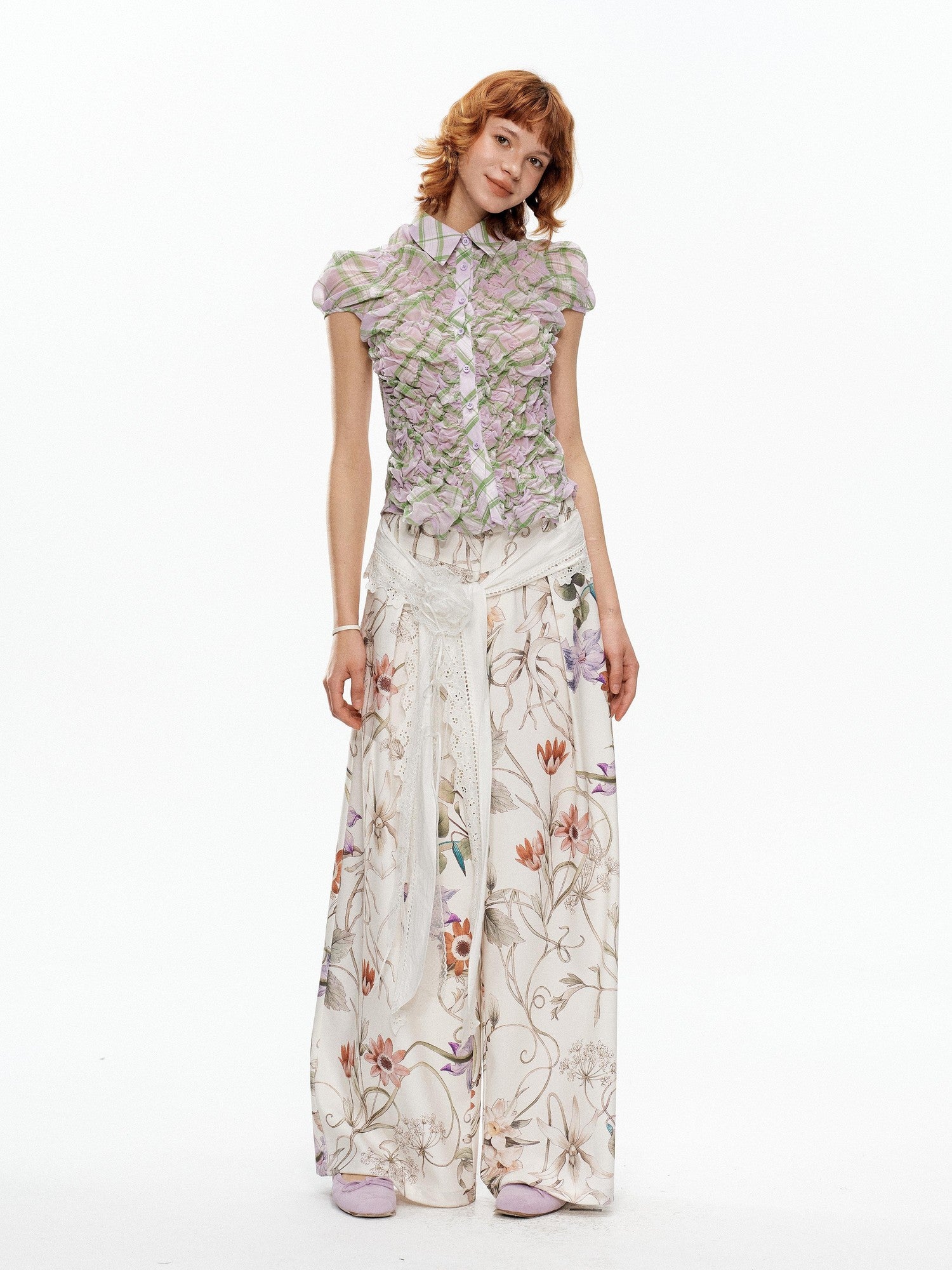 YOSHUYUKI Floral Print Lace Trim Tie Detail Women&