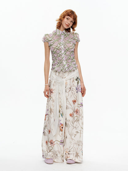 YOSHUYUKI Floral Print Lace Trim Tie Detail Women&