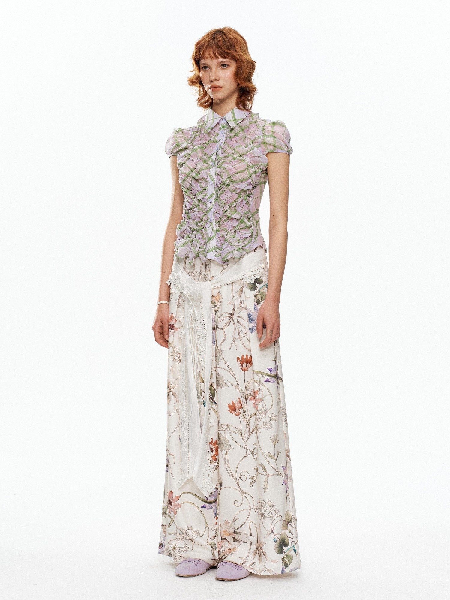 YOSHUYUKI Floral Print Lace Trim Tie Detail Women&