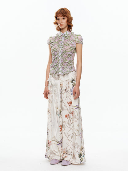 YOSHUYUKI Floral Print Lace Trim Tie Detail Women&