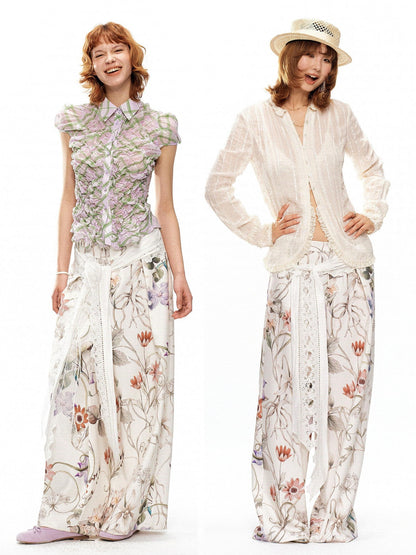 YOSHUYUKI Floral Print Lace Trim Tie Detail Women&