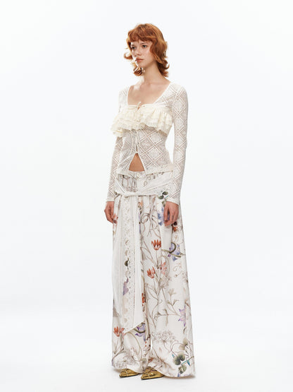 YOSHUYUKI Floral Print Lace Trim Tie Detail Women&