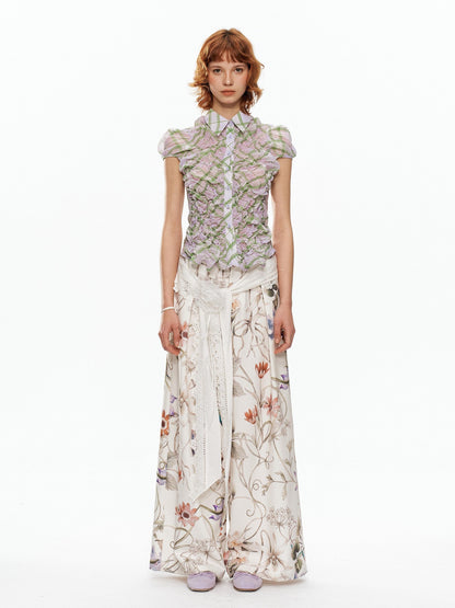 YOSHUYUKI Floral Print Lace Trim Tie Detail Women&