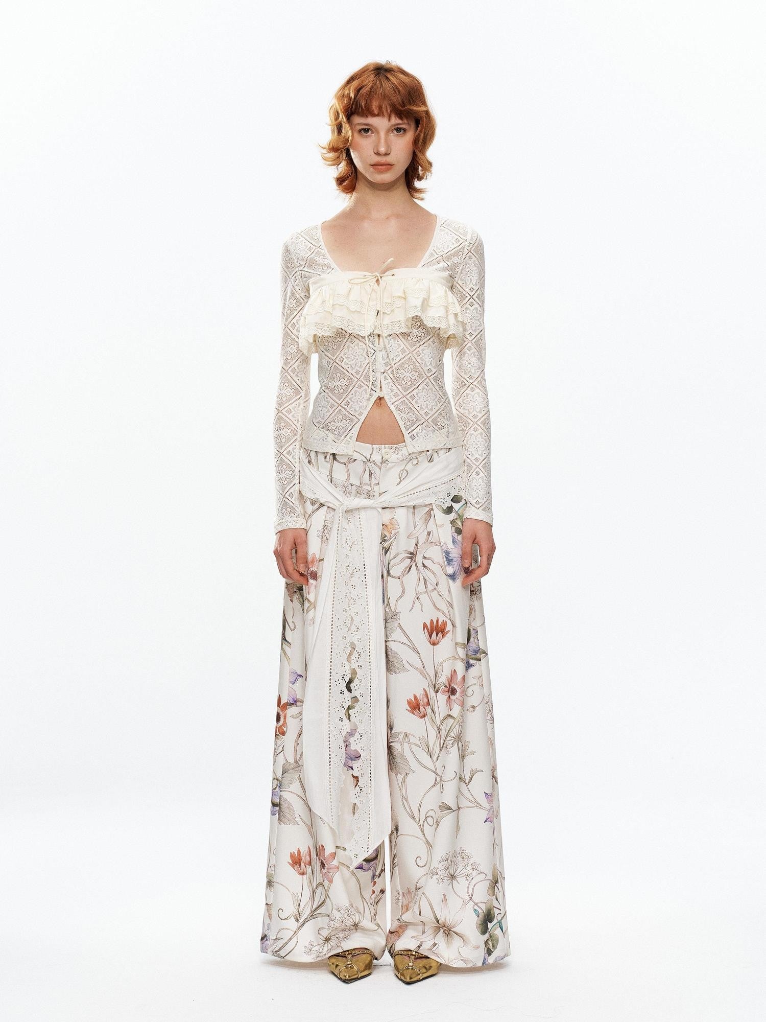 YOSHUYUKI Floral Print Lace Trim Tie Detail Women&