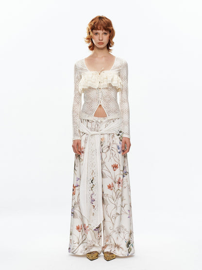 YOSHUYUKI Floral Print Lace Trim Tie Detail Women&