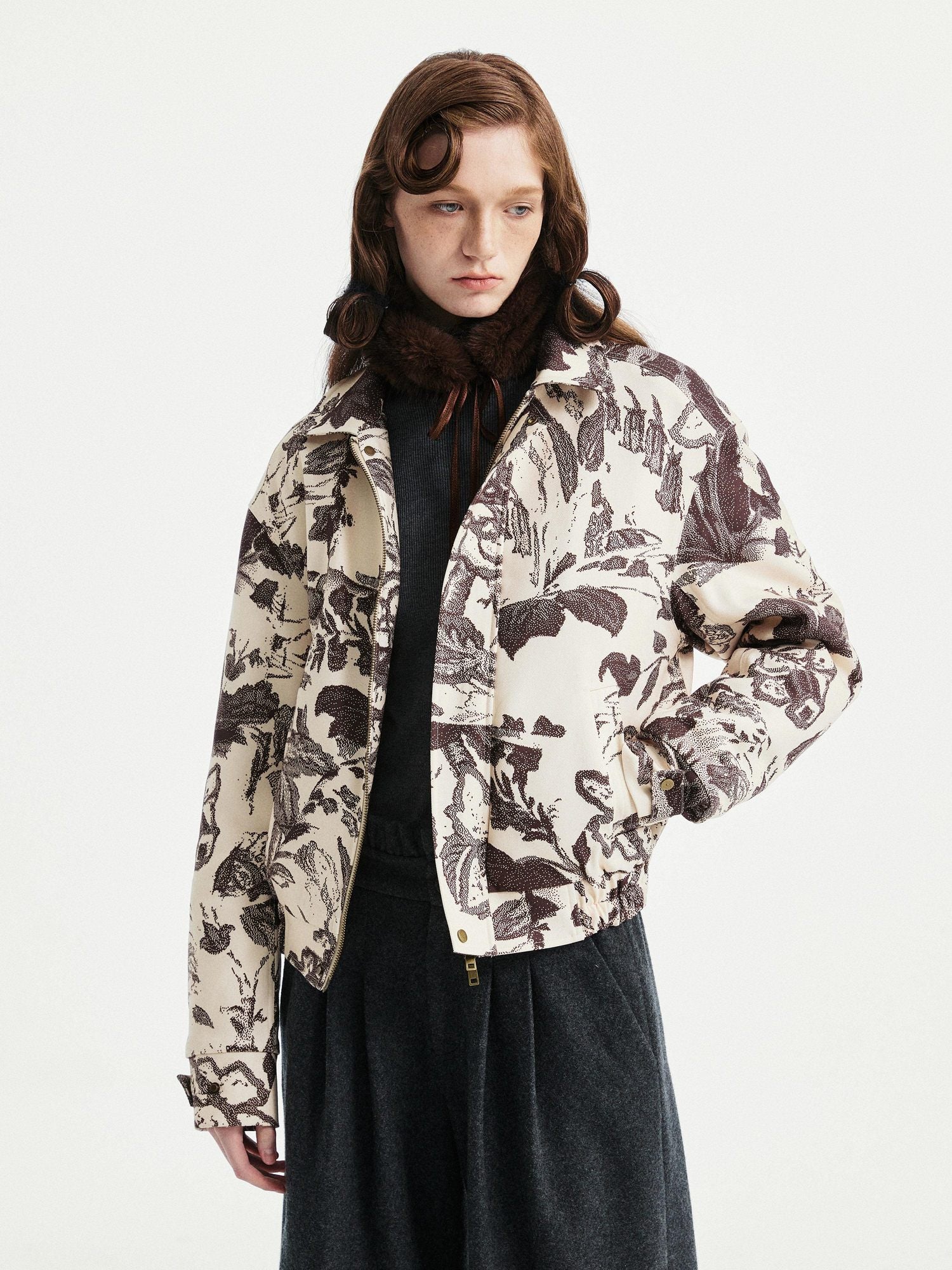 YOSHUYUKI Floral Print Loose Fit Commuter Zip Front Long Sleeve Casual Jacket