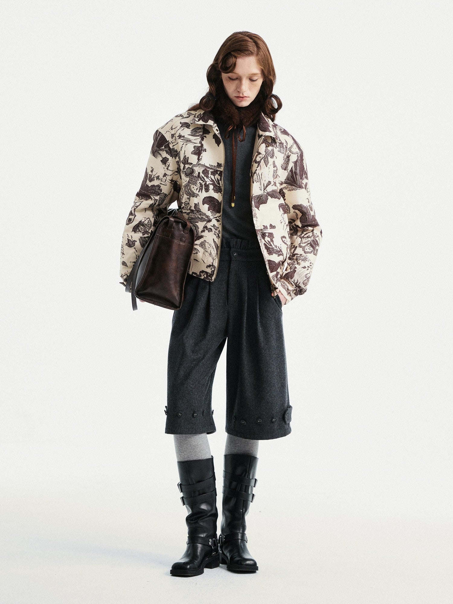 YOSHUYUKI Floral Print Loose Fit Commuter Zip Front Long Sleeve Casual Jacket