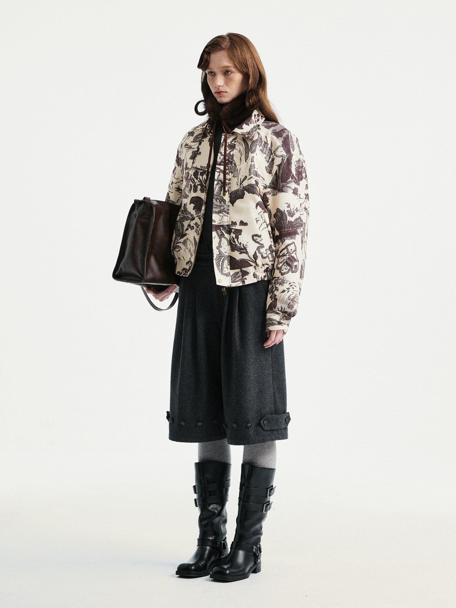 YOSHUYUKI Floral Print Loose Fit Commuter Zip Front Long Sleeve Casual Jacket