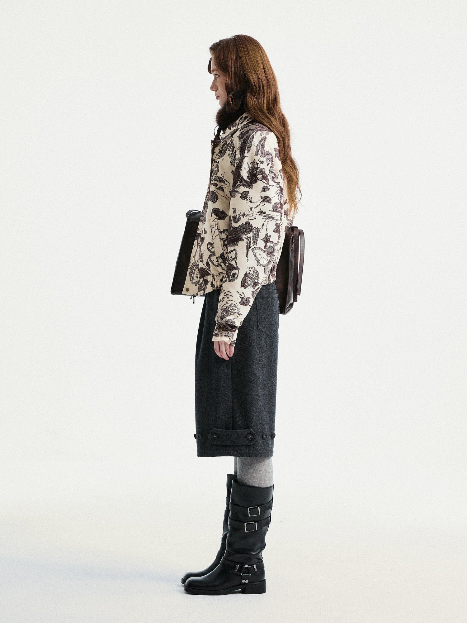 YOSHUYUKI Floral Print Loose Fit Commuter Zip Front Long Sleeve Casual Jacket