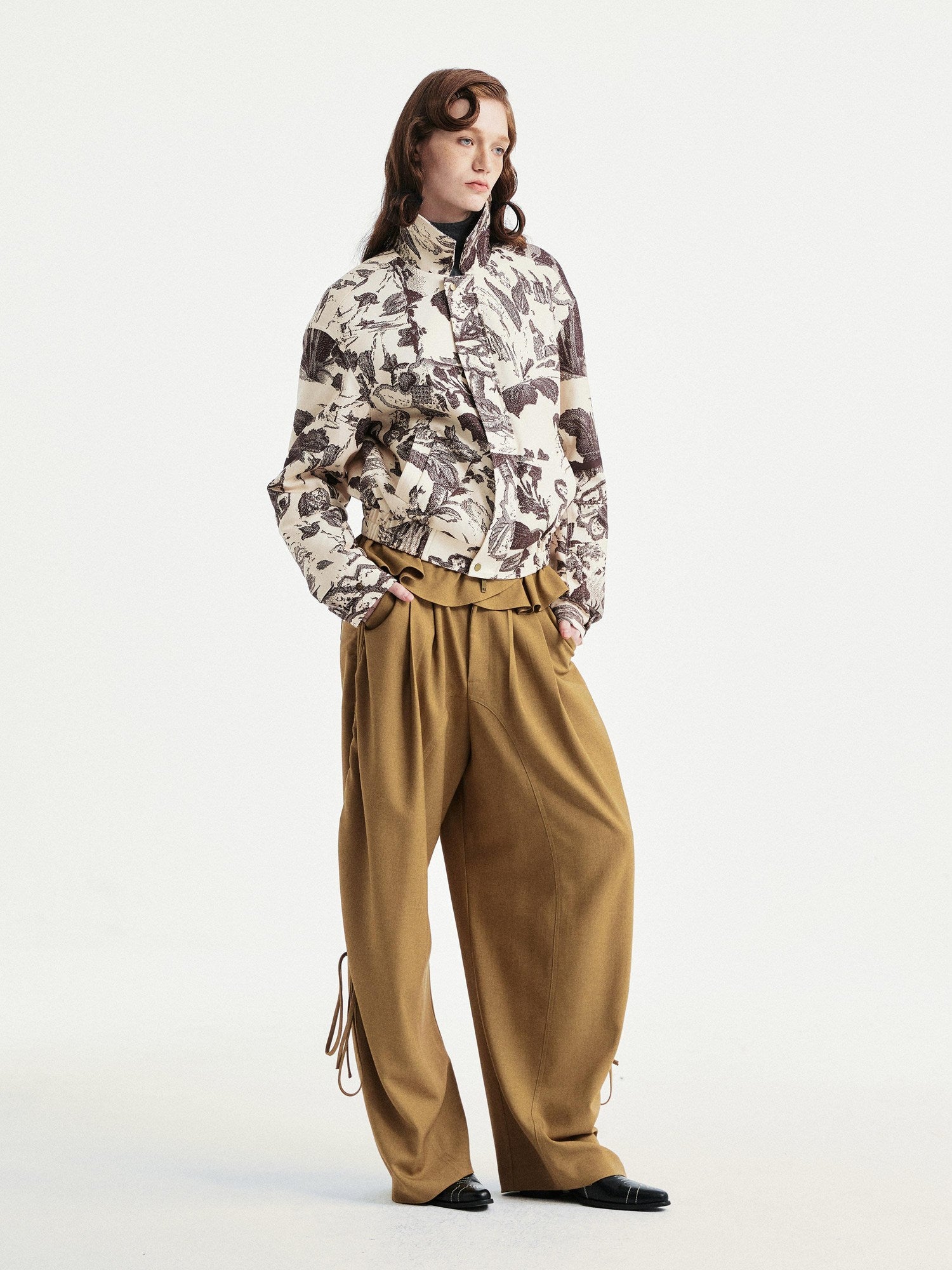 YOSHUYUKI Floral Print Loose Fit Commuter Zip Front Long Sleeve Casual Jacket
