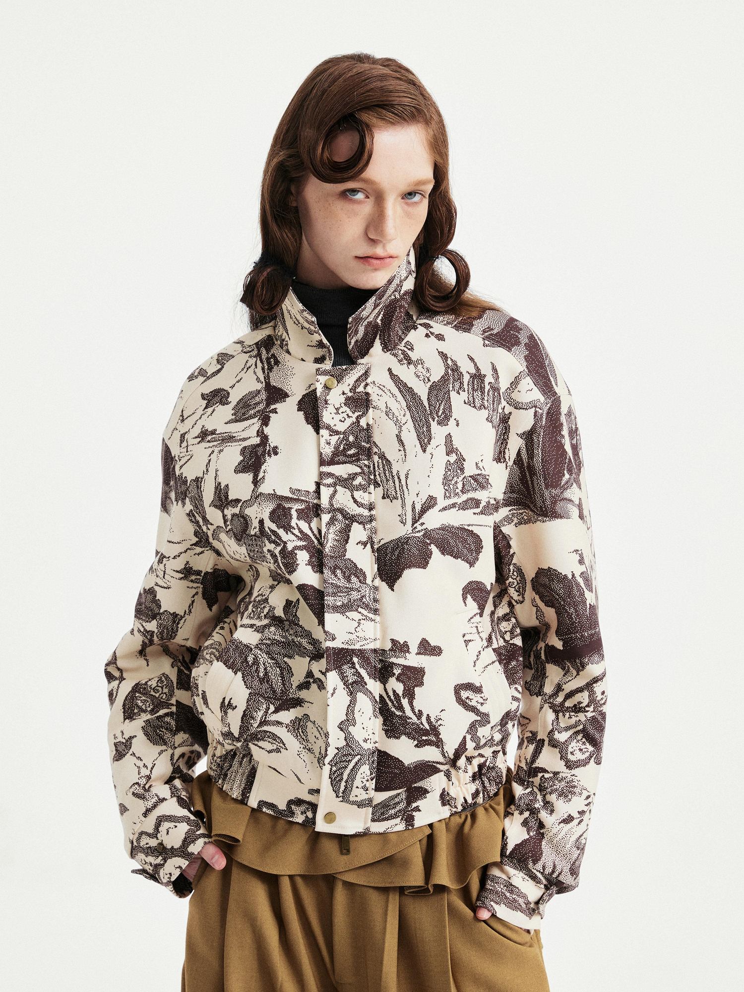 YOSHUYUKI Floral Print Loose Fit Commuter Zip Front Long Sleeve Casual Jacket
