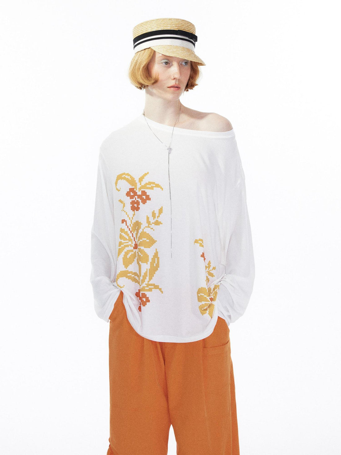 YOSHUYUKI Floral Print Off Shoulder Loose Long Sleeve Top