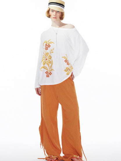 YOSHUYUKI Floral Print Off Shoulder Loose Long Sleeve Top