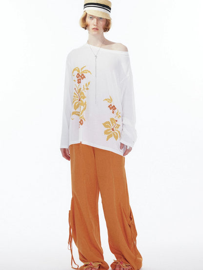 Floral Print Off Shoulder Loose Long Sleeve Top