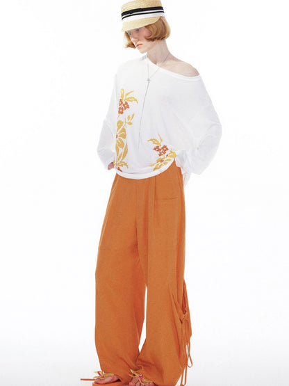 Floral Print Off Shoulder Loose Long Sleeve Top