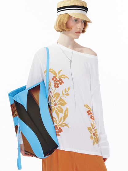 YOSHUYUKI Floral Print Off Shoulder Loose Long Sleeve Top