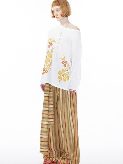 YOSHUYUKI Floral Print Off Shoulder Loose Long Sleeve Top